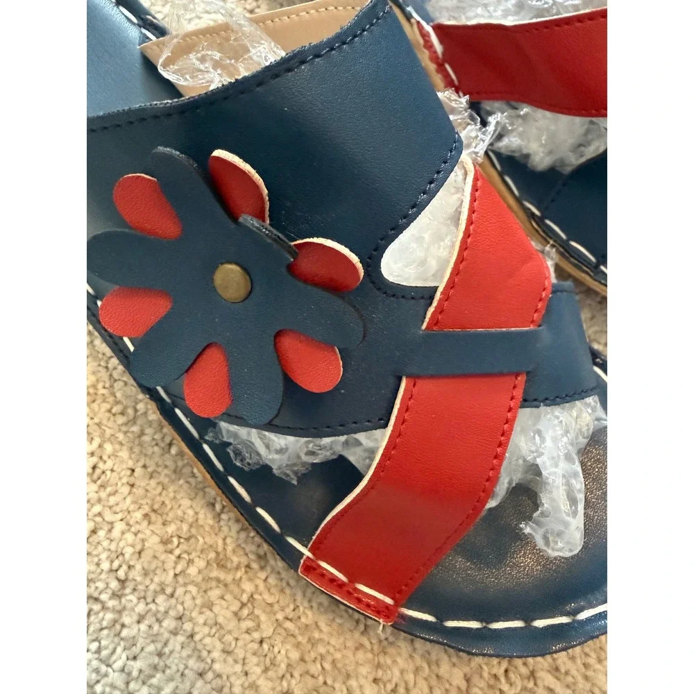 Bunion Corrector Navy & Red Leather Flower Wedge Sandals‎ Size 38 EU Gently Worn